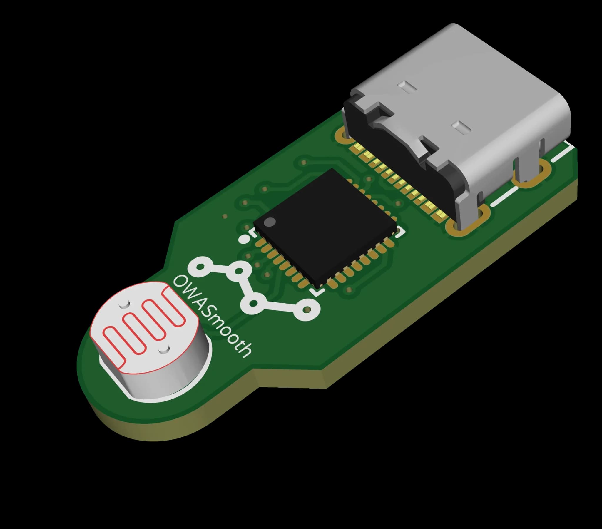 Green printed circuit board with OWASmooth logo, containing microcontroller and a light sensor.